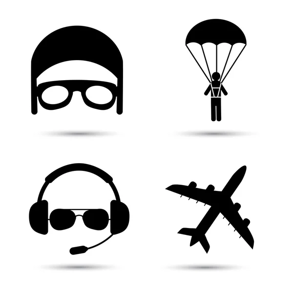 Skydiver on parachute, pilot, airplane silhouette icons. Vector format — Stock Vector