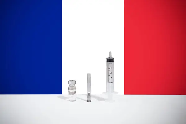 Флаг Франции Иллюстрирует Кампанию Глобальной Вакцинации Против Вируса Ковид Эпидемический — стоковое фото