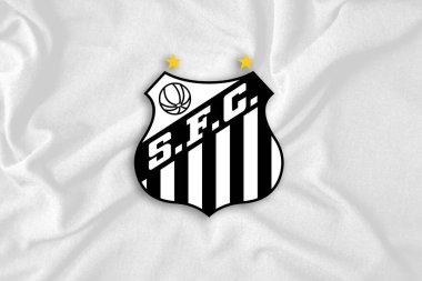 PORTO ALEGRE - 07 Nisan 2021: Santolar 'ın beyaz bayrak üzerindeki logosu. Brezilya Futbol Takımı.