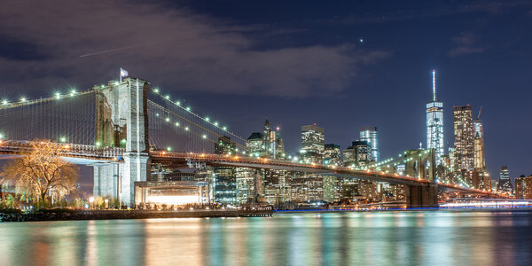 View to the Brooklyn bridge and New York City Downtown in twilight from Brooklyn