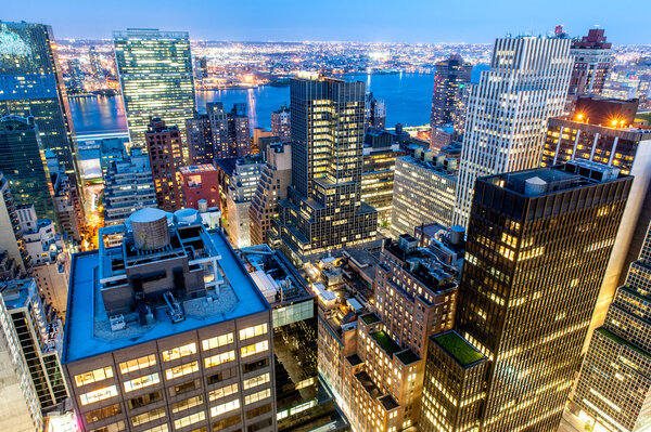 View to the Manhattan East Midtown at twilight from a rooftop in New York