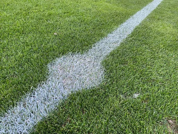 Linha branca mostrando o meio de um campo de futebol — Fotografia de Stock