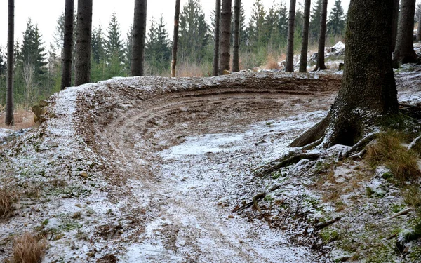 big bends on a narrow path single track between trees in the forest. slightly snowy and frosty bike path. enduro motorcycle and mountain bike races full of turns and logs, freeze, slippig, winter