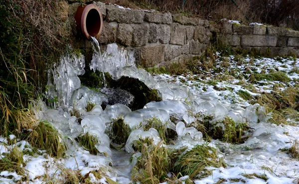 the water sprayed from the pipe overflow freezes on the grass stalks and is constantly increasing. frozen drops of water similar to icicle or stalagmite, drainage or spring. granite block wall