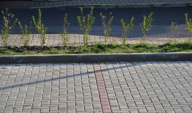 Bisiklet parkında parlayan bükülmüş tüplerden yapılmış bisiklet tezgahları var. Bisikleti meydana yerleştirmek ve kilitlemek için. Birbirine kenetlenmiş asfalt ve çizgili granit küpler. kırmızı, gri