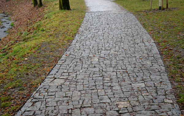 Pavimentación Granito Secciones Irregulares Piedra Astillada Alrededor Parque Con Césped —  Fotos de Stock