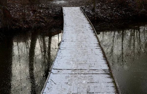 Ponte Pedonale Legno Ghiacciato Lago Stagno Fluviale Innevato Nessun Disegno — Foto Stock