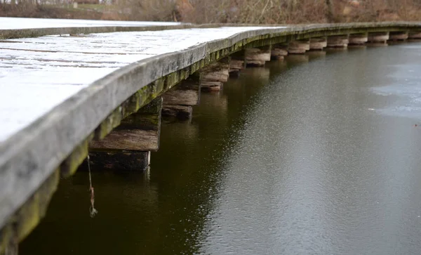 wooden pedestrian bridge over frozen snowy river pond lake, no railing design made of oak wood, over forest and pond path way pedestrians of stumps adventure, educational in nature, terrace