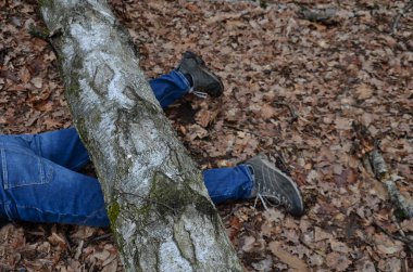 dead man covered with a tree. the tree turned upside down and injured itself, falling while walking on a hiker, a forest worker. lying under the trunk. they look at their arms outstretched in pain, stunted, pleading, shoes clipart