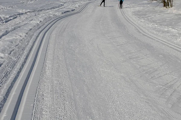 start of the cross country skiing route. The tracks are prepared by a snowmobile with special attachments for pushing the track in the shape of tracks. Cross country skiers like to use them for riding