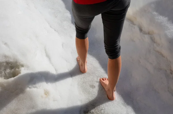 A joke where a friend throws a girl out of the house and lets her stand in the snow without shoes and locks her down. walking on snow bare feet on a sunny January day