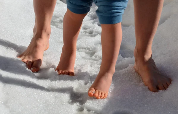 hardening from a small baby is important for contact with the elements and the creation of immunity and thermoregulation. walking on snow bare feet on a sunny January day