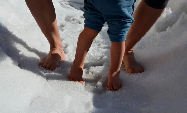 hardening from a small baby is important for contact with the elements and the creation of immunity and thermoregulation. walking on snow bare feet on a sunny January day