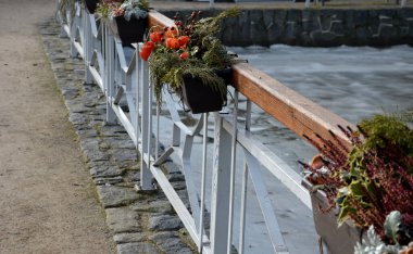 Tırabzanlara metal korkuluklar ve plastik kutular bağlanmış bir deniz önü. Kuru çiçek süslemeleriyle dolu. Göletin kenarındaki banklar ve beton merdivenler. Granit asfalt ve harap yüzey fotoğrafı