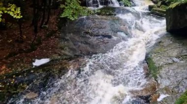 Nehir ve şelaleleri olan kayalık bir vadide sonbahar ormanı. Dikkatsiz bir adım yeterli olur ve bir turist soğuk suya kayar ve sersemler ve akıntıda boğulur..