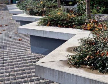 Çimento merdiveni, arka ışıklandırması olan tek bir merdiven boşluğu şeklinde. Göz kamaştırıcı beyaz ve binaya yeni giriş. basamak bahçe
