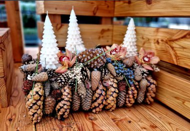 Üzerinde orkide çiçekleri ve üzerinde kozalaklı ağaçlar olan farklı çam kozalakları koleksiyonu. Bir çiçekçi tarafından yerel malzemelerden dizayn edilmiş.