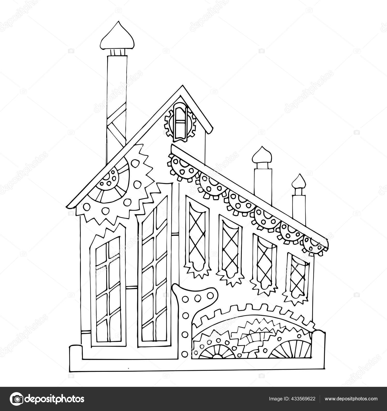 スチームパンクな家のベクトルイラスト パイプやメカニズムと素晴らしい建築 子供と大人のためのぬりえページ 白い背景に隔離された ストックベクター  ©Nadine.de.trevile 433569622, image size:1600x1700