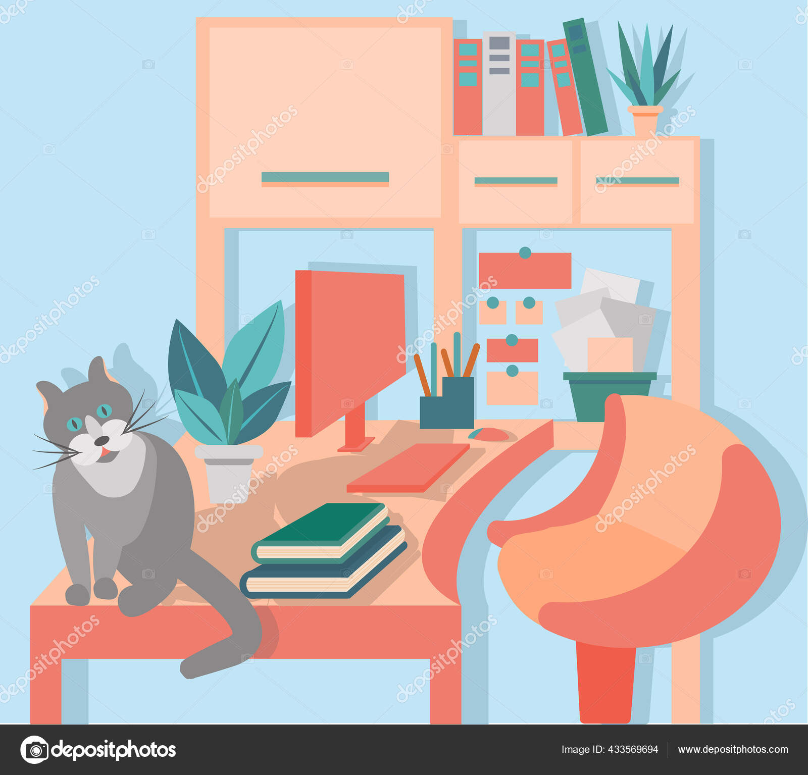 Cute Cat Sitting Desktop Working Home Remote Job Freelance Learning Stock  Vector by ©Nadine.de.trevile 433569694, image size:1600x1535
