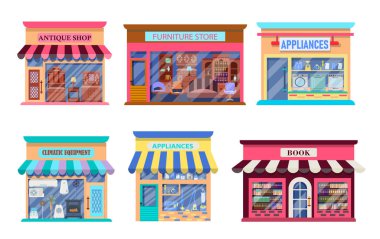 Bir taş binanın dış cepheleri. Dükkanların cepheleri. Ev aletleri, iklim kontrol ekipmanları, mobilyalar, antikalar, beyaz bir arka planda izole edilmiş bir kitapçı.