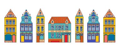 Avrupa 'nın renkli eski evleri. Pankart için arka plan. İskandinav şehri. Hollanda evi. Eski binaların stilize edilmiş yüzleri. Vektör şablonu. Vektör şehir mimarisi. 