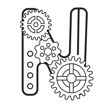 Steampunk stili yazı tipi. Çarkların mekanik alfabesi. Logo ve metin için klasik steampunk alfabesinin N. vektör illüstrasyonu. Çocuklar için harika boyama sayfaları 
