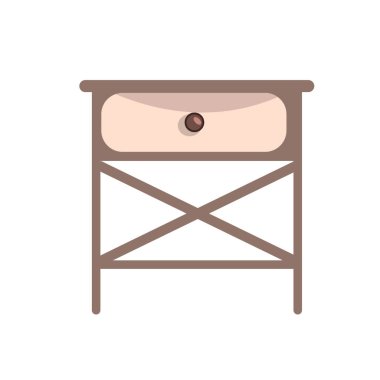 Beyaz arka planda izole edilmiş, retro tarzı bir çekmecesi olan tek bir komodin. Düz çizim. Vektör eli çizilmiş eski mobilyalar.