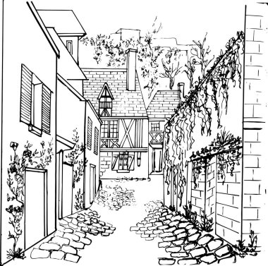 Fransız mimarisi. Eski Fransız şehri Chinon 'un küçük rahat bir caddesi. Çizim tarzında vektör çizimi. Bir tarih ve sanat kitabında illüstrasyon için, çocuklar ve yetişkinler için boyama kitabı.