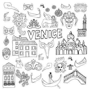 İtalya 'ya git. Venedik. Doodle tarzında elementler. Karnaval maskeleri, evler, gondollar, Murano camları. Beyaz arkaplanda vektör çizimi izole edildi. Çocuklar ve yetişkinler için boyama kitabı.