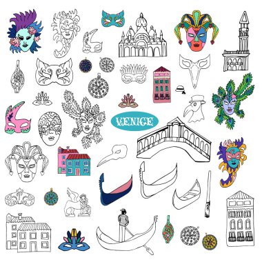 Doodle tarzında bir dizi Venedik elementi. Karnaval maskeleri, renkli evler, gondollar, Murano camları. Serbest vektör çizimi beyaz arkaplanda izole edildi. Çocuklar ve yetişkinler için boyama sayfası.
