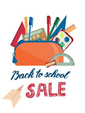 Kalem kutusunda okul malzemeleri var. Kalemleri, kalemleri, cetvelleri, hesap makineleri olan turuncu okul kalem kutusu beyaz bir arkaplanda izole edilmiş. Çizgi film tarzında vektör illüstrasyonu. Okula geri dönüş mektubu.