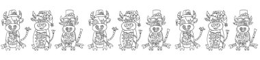 2021 'in sembolüyle birlikte Noel yatay sınırı. Steampunk tarzında boğalarla yatay friz. Noel ve yeni yıl arkaplanı Steampunk tarzında. Vektör siyah ve beyaz doğrusal arkaplan.