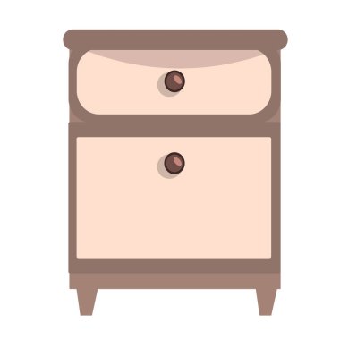 Beyaz arka planda izole edilmiş iki eski tarz çekmecesi ve yuvarlak sapı olan tek kişilik komodin. Düz çizim. Vektör eli çizilmiş eski mobilyalar.