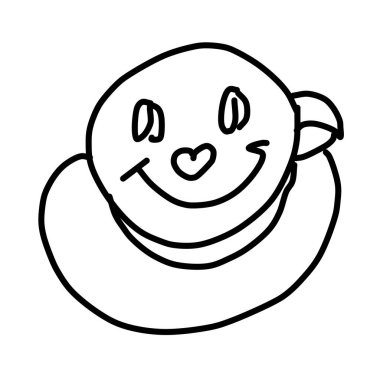 Tatlı yüzlü tek kişilik kahve fincanı. Doodle tarzında çizim. Tasarım, menü, kafe, ambalaj kağıdı için.