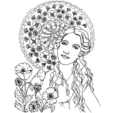 Haşhaş ve çiçek süsüyle çevrili genç bir kızın stilize edilmiş vektör çizimi. Sanat Deko Tarzı. Mucha tarzı. Yetişkinler ve çocuklar için boyama kitabı sayfası