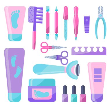 Pedikür için hazır. Kişisel bakım ürünleri ve aksesuar koleksiyonu. Ayak güzellik seti. Kadınların çekiciliği için araçlar. Düz stil vektör illüstrasyonu. Güzellik salonu afişi.