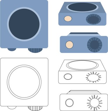 Elektrikli fırın beyaz arka planda izole edilmiştir. Kullan-at telefonlardan oluşan bir vektör kümesi çizgi film ve çizgi şeklinde çizilir. Yukarıdan, önden, izometrik manzara. Tencere ocağın üstünde..