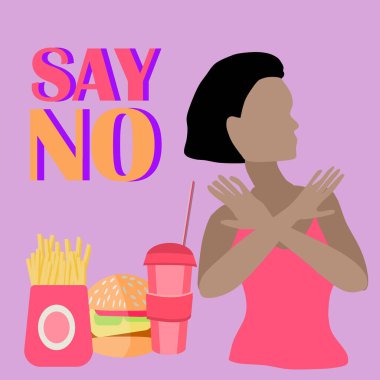 Sağlıklı bir yaşam tarzı. Abur cubura hayır de. Afro-Amerikalı bir kız fast food yemeyi reddediyor. Pankart. Kendini sınırlayan bir kadın. Düz bir şekilde vektör illüstrasyonu. Diyet ve sağlıklı yaşam tarzı.