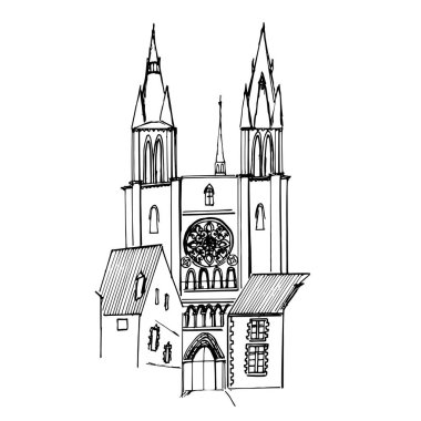 Old French architecture. Blois. The Church of St. Nicholas. Linear pattern. Staritsa for books or coloring books for children and adults. clipart