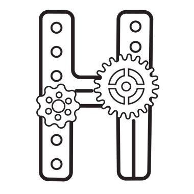 Steampunk stili yazı tipi. Çarkların mekanik alfabesi. Logo ve metin için klasik steampunk alfabesinin H. Vector illüstrasyonu. Çocuklar için harika boyama sayfaları 