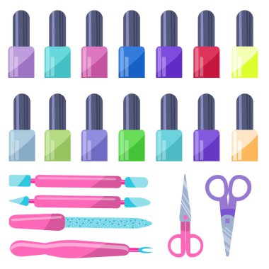Renkli oje kavanozları, tırnak makası ve tırnak törpüsü koleksiyonu. Kadın manikürü için ayarlandı. El bakımı için aletler. Kadın güzelliği için aletler. Düz biçimli vektör illüstrasyonu.