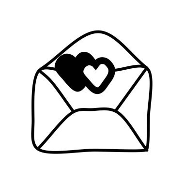 Elle çizilmiş romantik zarflar, kalpler ve beyaz arka planda izole edilmiş aşk ilanları. Şirin vektör simgesi. Tebrik kartları, posterler, çıkartmalar ve tasarım için bir unsur. Sevgililer Günü postası.