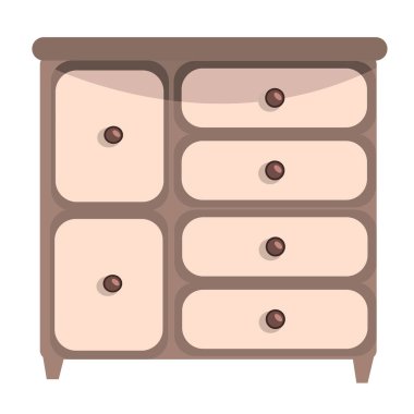 Beyaz arka planda izole edilmiş altı çekmecesi olan tek bir modern çekmece. Düz çizim. Vektör eli çizilmiş eski mobilyalar.