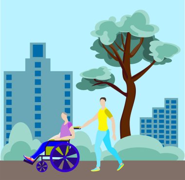 Tekerlekli sandalyede yaşlı bir adam ve sosyal hizmetler görevlisi. Gönüllü, büyükbabasını tekerlekli sandalyeyle parkta yürüyüşe çıkarıyor. Yaşlılar için bakım kavramı. Vektör çizimi. Düz stil. Parkta Yürüyüş.