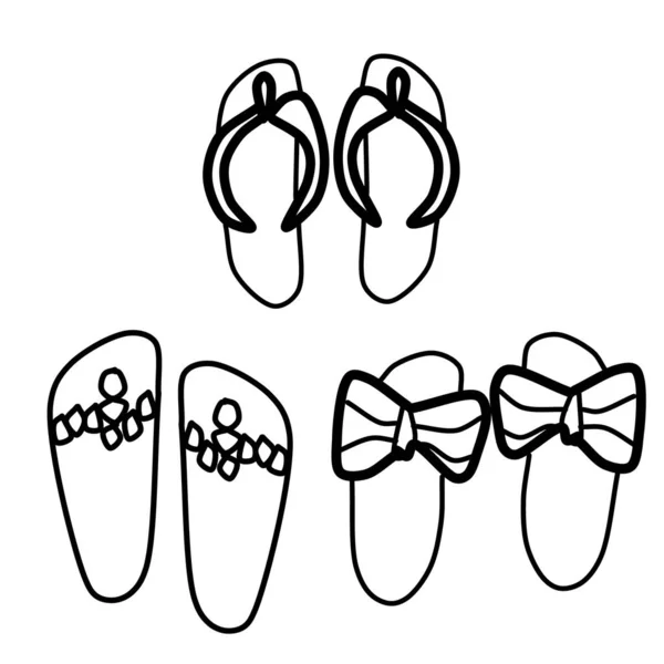 Set Med Sommar Flip Flops Doodle Stil Isolerad Vit Bakgrund — Stock vektor