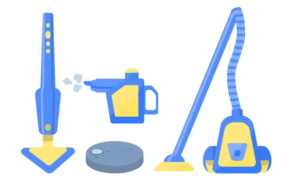家をきれいにするための掃除機のセットは白い背景に隔離される ロボット掃除機 電気ほうきとスチームクリーナー アパートを掃除するための機器のコレクション 平型ベクトルイラスト — ストックベクタ