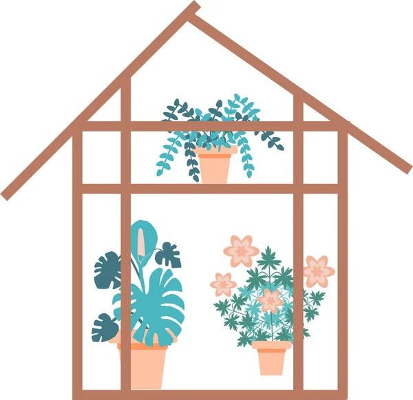 鉢植えとガラス温室 自然食品 野菜を栽培するための家や建物の種類 植物学 生態系の健康のトピックのため 平型ベクトルイラスト — ストックベクタ