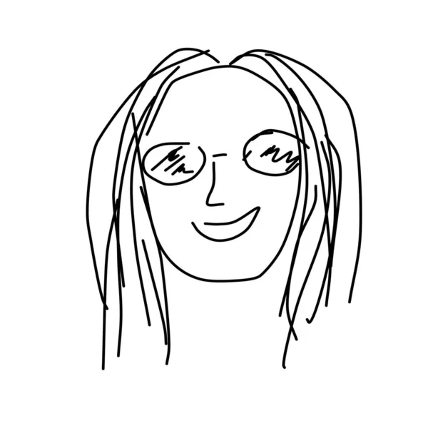 Doodle Schöne Frauengesicht Mädchen Mit Dunkler Brille Schwarz Weiße Zeichentrickskizze — Stockvektor