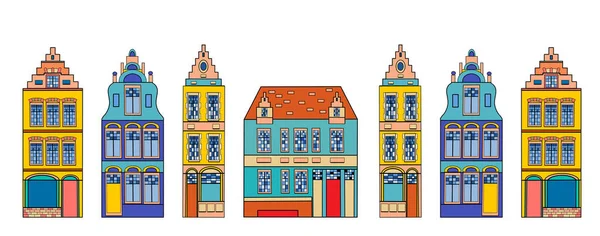 Avrupa 'nın renkli eski evleri. Pankart için arka plan. İskandinav şehri. Hollanda evi. Eski binaların stilize edilmiş yüzleri. Vektör şablonu. Vektör şehir mimarisi. 