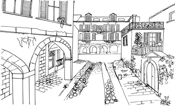 Arquitectura Francesa Bonita Calle Antigua Ciudad Rochelle Dibujo Vectorial Estilo — Archivo Imágenes Vectoriales